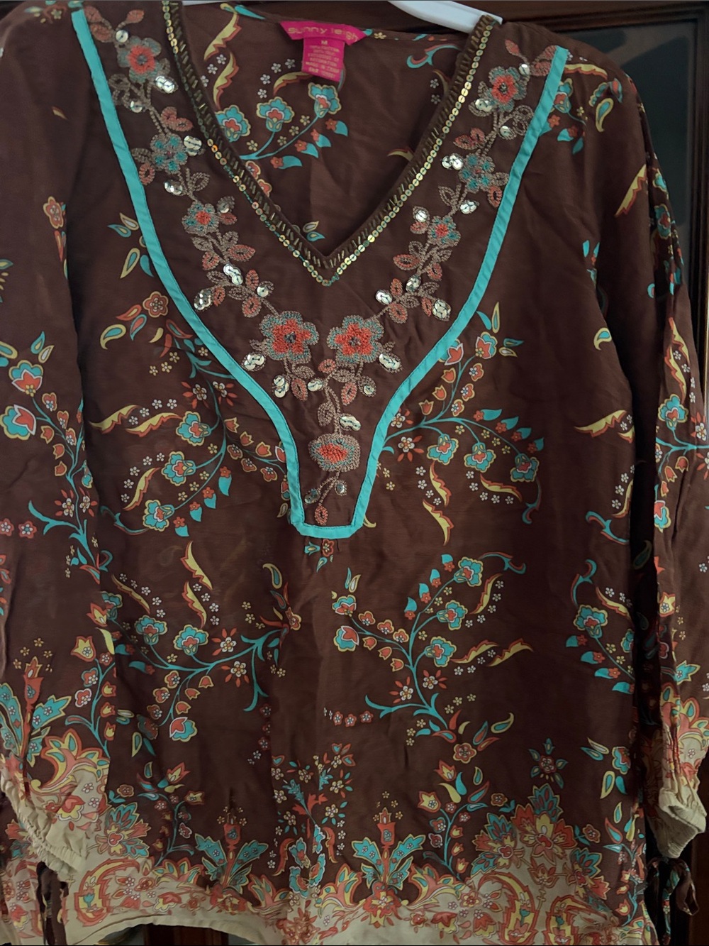 Sunny Leigh Brown Floral V-Neck Tunic with Turquoise Accents